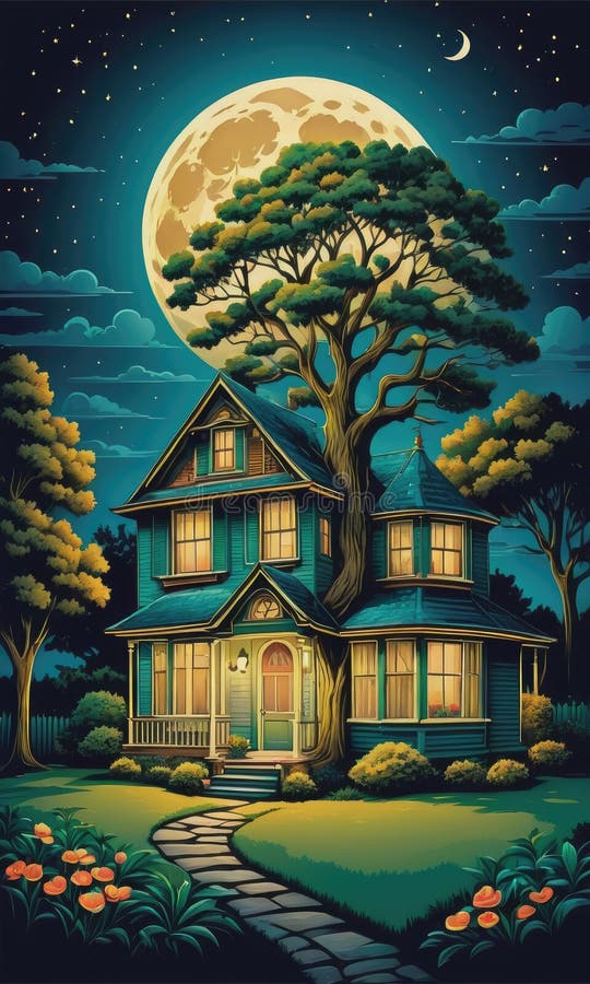 Enchanted Night: a Tree in a Garden, Moonlit Sky, and a House on the ...