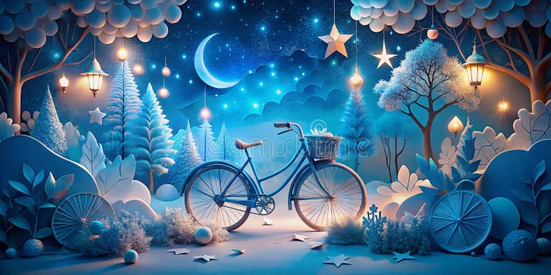 Enchanted Pastel Papercraft Landscape A Marzycielska Scena Nocna Z Wielkim Rowerem Niebieskim ilustracji
