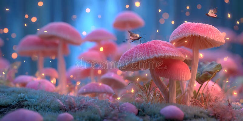 Enchanted Pink Mushroom Forest Fantasy Art stock illustration