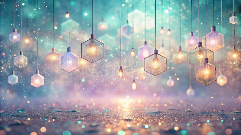 Enchanted sparkling lightscape a dreamy setting with illuminated geometric pendants hanging over a glittering surface. Generative stock illustration