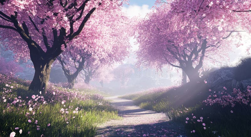 Enchanted Stream: A serene dreamscape materializes, showcasing a tranquil stream that winds through a magical garden stock images