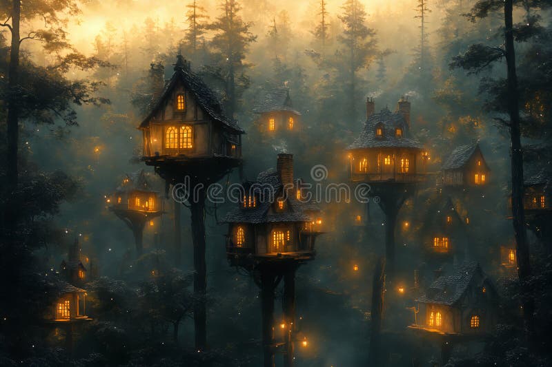 Enchanted treehouses in mystical forest glowing with warm lights at dusk vector illustration