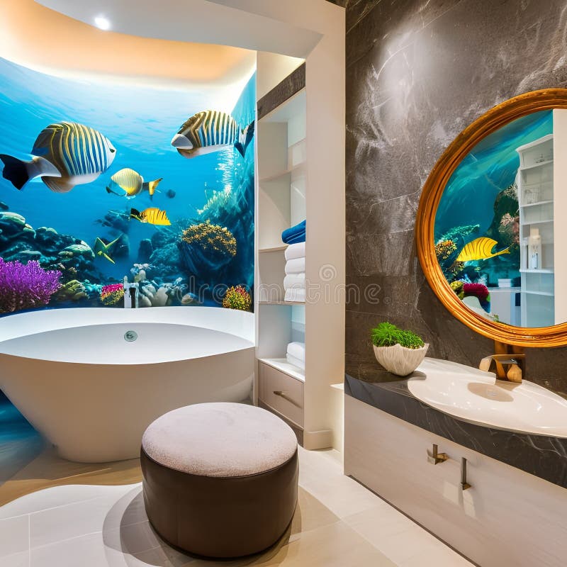 An Enchanted Underwater-themed Bathroom with an Ocean Mural, Shell-shaped  Sink, and Mermaid Decor5 Stock Illustration - Illustration of ocean,  bathroom: 285320308