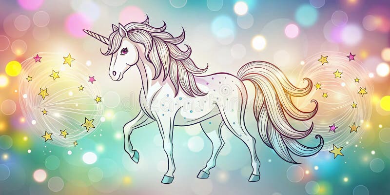 Enchanted Unicorn Coloring Page with Starry Bokeh Background a Magical