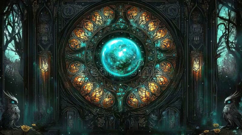 Enchanted whimsigothic stained glass window with glowing orb, intricate patterns, mystical forest, moonlit scene, gothic royalty free stock photo