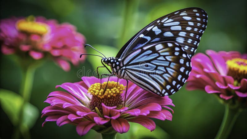 Enchanted Zinnia Garden A Detailed Macro of a Blue Tiger Butterfly on Vivid Pink Blooms stock illustration