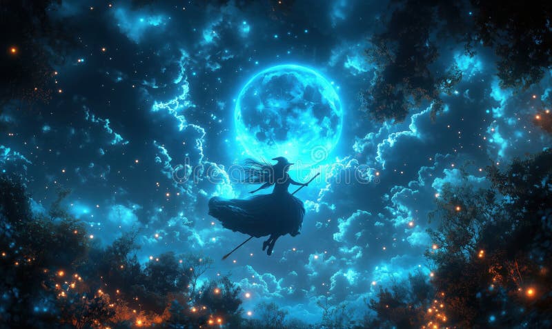 Enchanter sorcière volant sous la lune bleue lumineuse dans le ciel étoilé images libres de droits