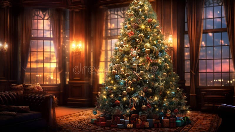 Enchanting Christmas Magic - Adorned Tree in a Blurred Light Aura Stock Illustration 