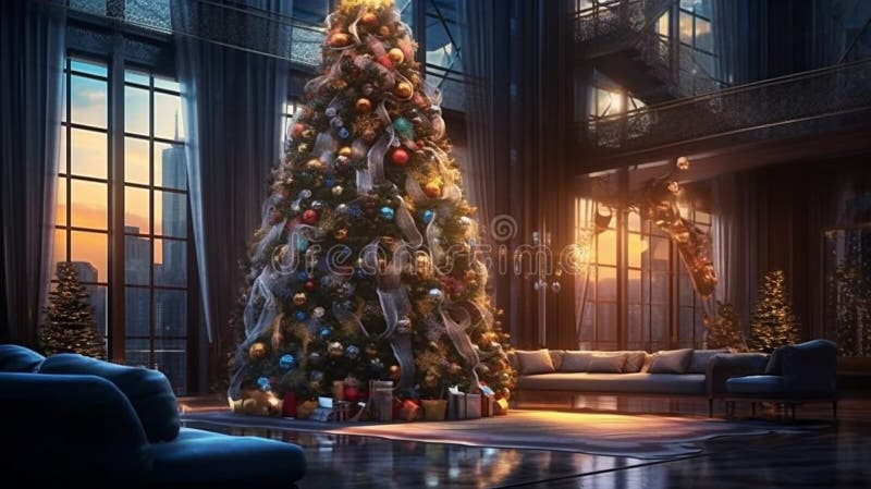 Enchanting Christmas Magic - Adorned Tree in a Blurred Light Aura Stock Illustration 