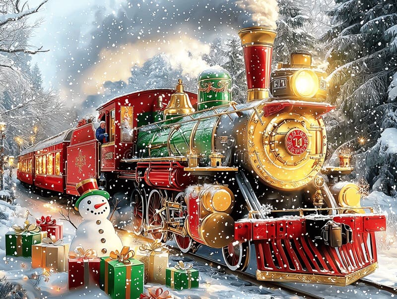 Festive Christmas Train in Winter Wonderland stock illustration