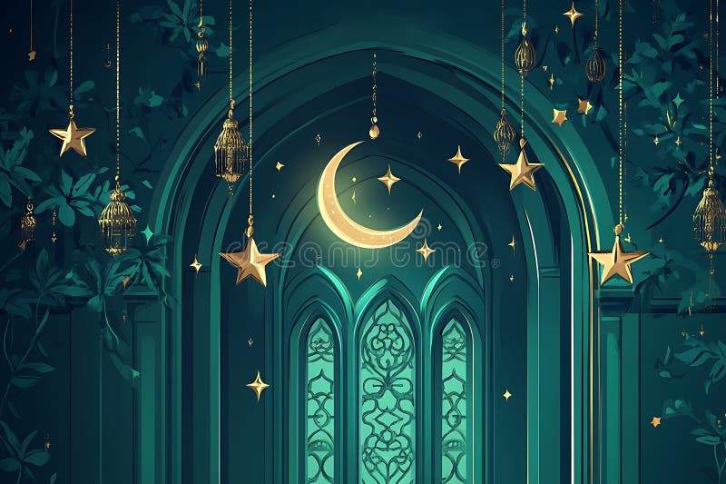 Enchanting Emerald Archway med Golden Stars Moon och Lanternan Ramadan Background stock illustrationer