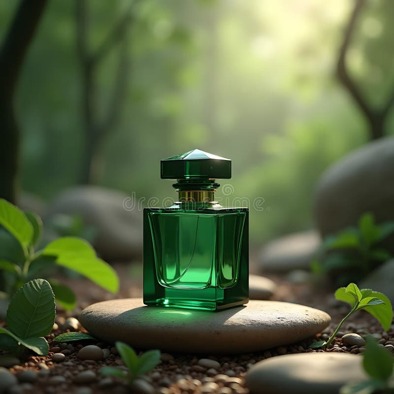 Enchanting Emerald Aroma Bottle in Forest Setting royaltyfri illustrationer
