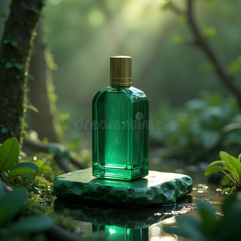 Enchanting Emerald Aroma Bottle Rests på polerad Jade i Lush Forest Setting stock illustrationer