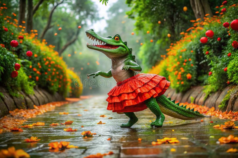 Enchanting Emerald Crokodile in a Crimson Skirt A Rainy Forest Tale vektor illustrationer
