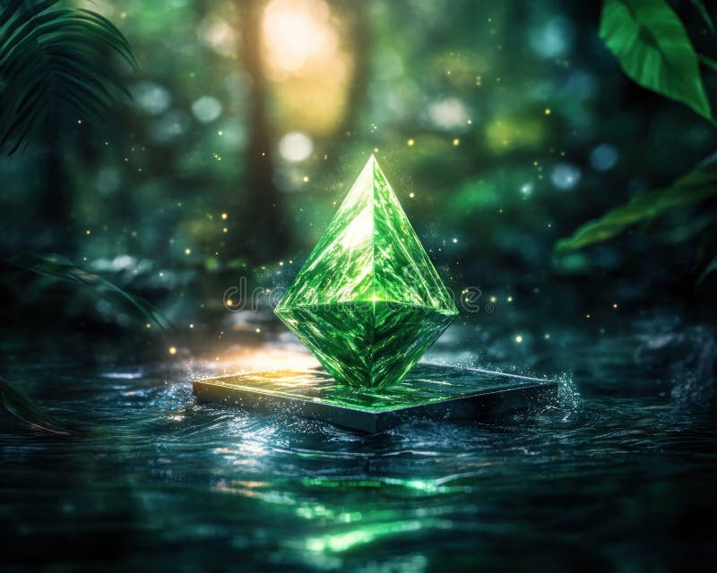 Enchanting Emerald Crystal in Forest Stream A captivating image of a glowing green gem nestled amidst lush foliage shimmering vektor illustrationer