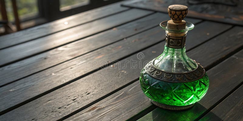 Enchanting Emerald Elixir Bottle A Mystical Vessel for Fantasy Alchemy and Witchcraft with Ample Copy Space vektor illustrationer
