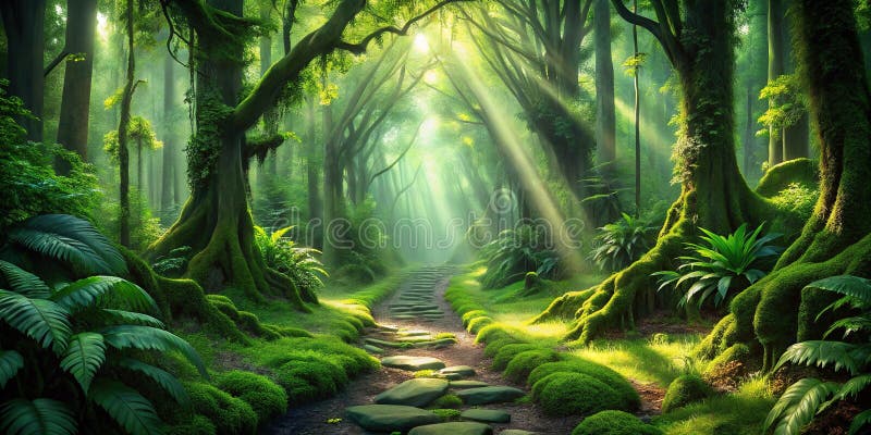 Enchanting Emerald Forest Path Sunlight Dapples through Lush Canopy Skapa en fredlig och serene scen royaltyfri illustrationer