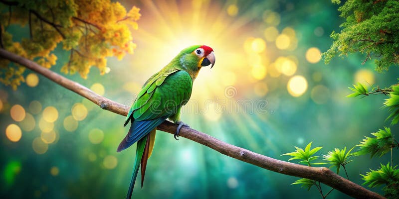 Enchanting Emerald Parrot Perched on a Mystical Branch A Stunning Artistic Bird Photography Perfect for Text vektor illustrationer