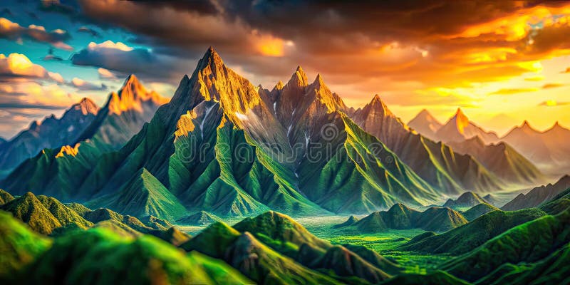 Enchanting Emerald Peaks A Glowing Green Mountain Range vid Sunset Capted in Stunning TiltShift Photography vektor illustrationer