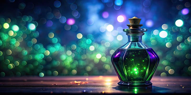 Enchanting Emerald Potion Mystical Elixir i en lila vintage som är belyst med ett glappande mellattblått ljus stock illustrationer
