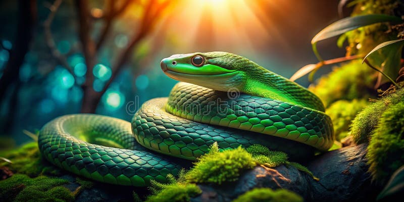 Enchanting Emerald Serpent Camouflaged Amidst Forest Roots A minimalist Nature Fotography Masterbit stock illustrationer