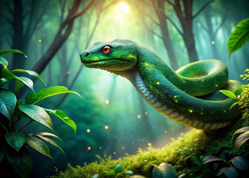 Enchanting Emerald Serpent Winding through Verdant Mist a Mystical Surreal Photography Exploration of Natures Enigmatic vektor illustrationer