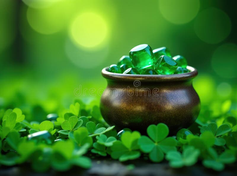Enchanting Emerald Shamrock Pot A Glowing Magic Scene of Sparkling Jewels and Leafy Foliage Evoking the Spirit of vektor illustrationer
