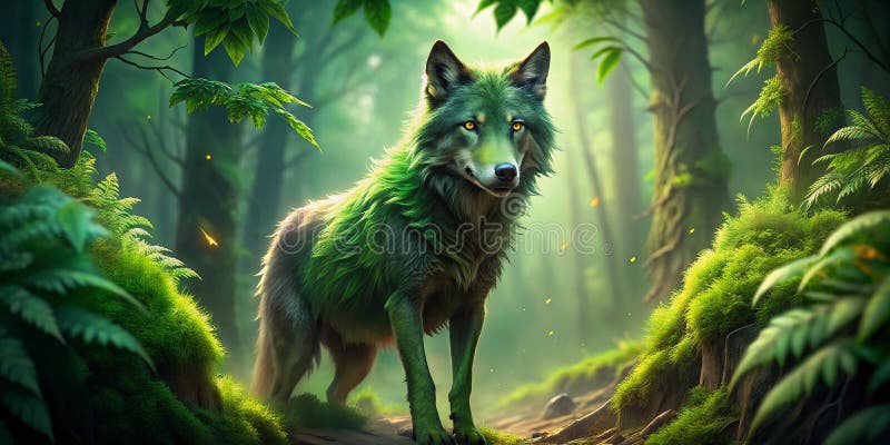Enchanting Emerald Wolf i Lush Forest A Captivating Nature Background for Desktop and Mobile stock illustrationer