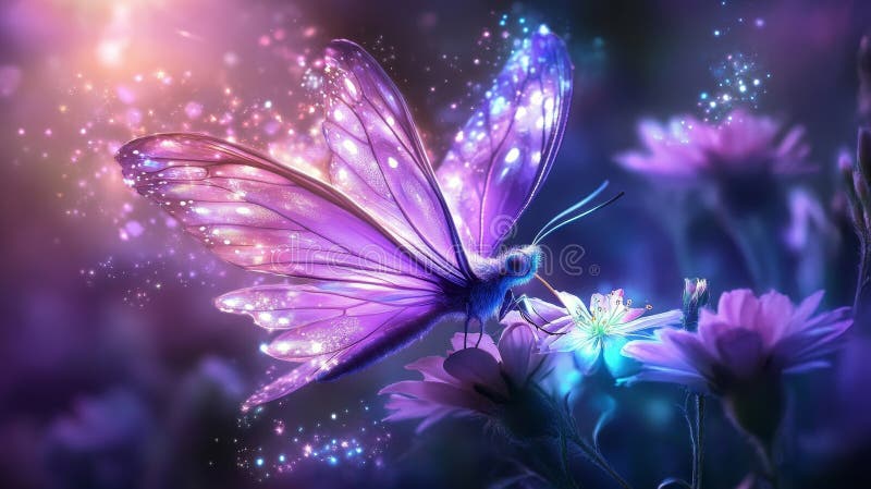 Enchanting fairy butterfly dancing on a mystical flower in a whimsical garden scene stock image