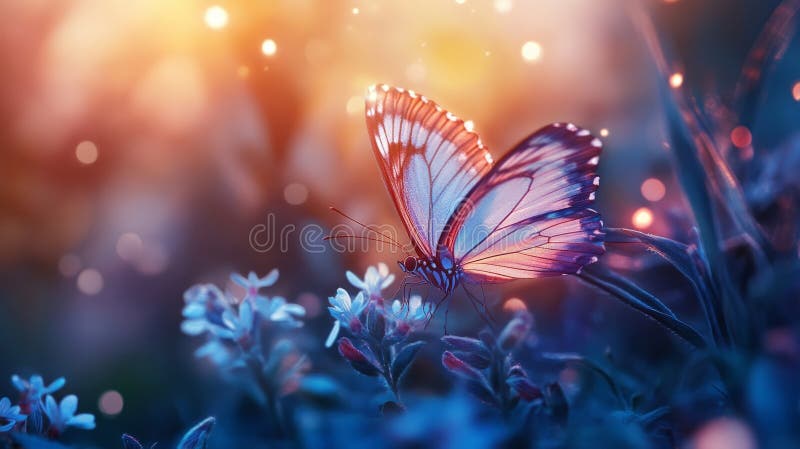 A enchanting fairy butterfly perched on a mystical flower in a whimsical garden setting royalty free stock images