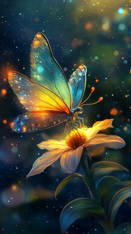 Enchanting fairy butterfly resting gracefully on a magical blooming flower in a dreamy garden royalty free stock photography