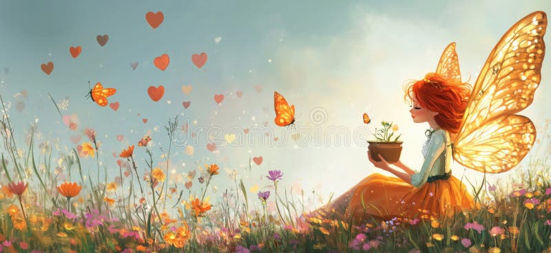 Enchanting fairy with butterfly wings nurturing plant amidst blooming flowers and floating hearts, magical garden scene royalty free stock photos