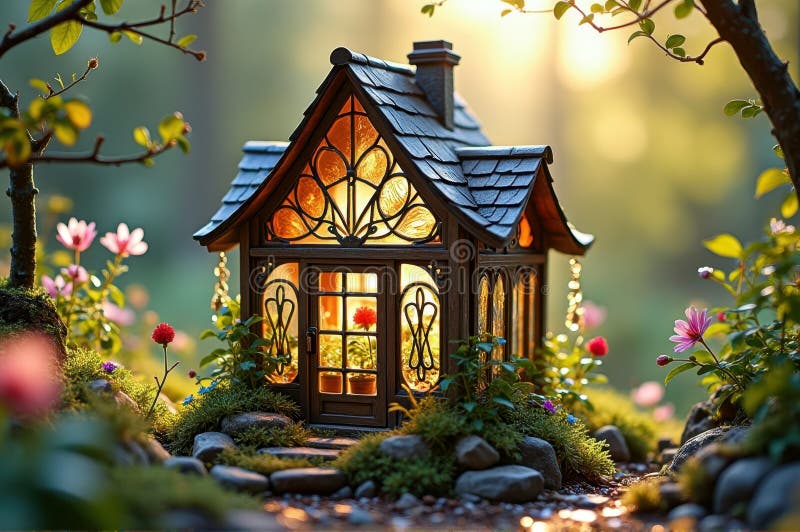 Enchanting fairy cottage in sunlit forest garden with flowers and warm glow royalty free stock photos
