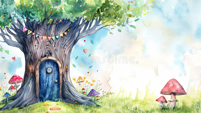 Enchanting fairy door in a magical woodland wonderland watercolor illustration royalty free stock photo