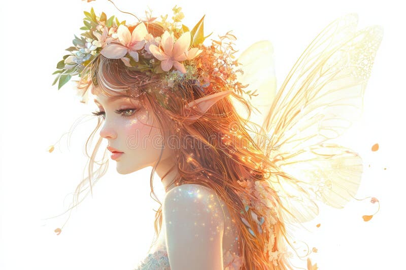 Enchanting fairy with floral crown and translucent wings in bright light royalty free stock photos
