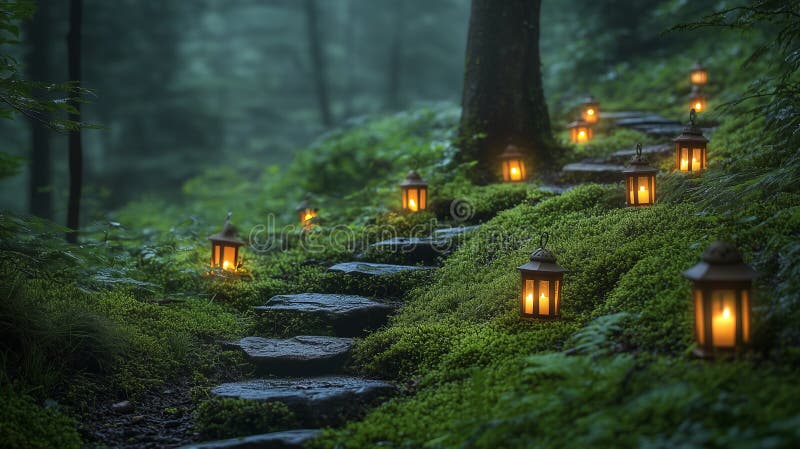 Enchanting Fairy Forest Pathway with Glowing Moss and Lanterns royalty free stock photography