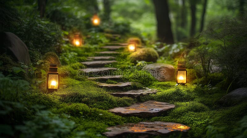 Enchanting Fairy Forest Pathway with Glowing Moss and Lanterns stock photo