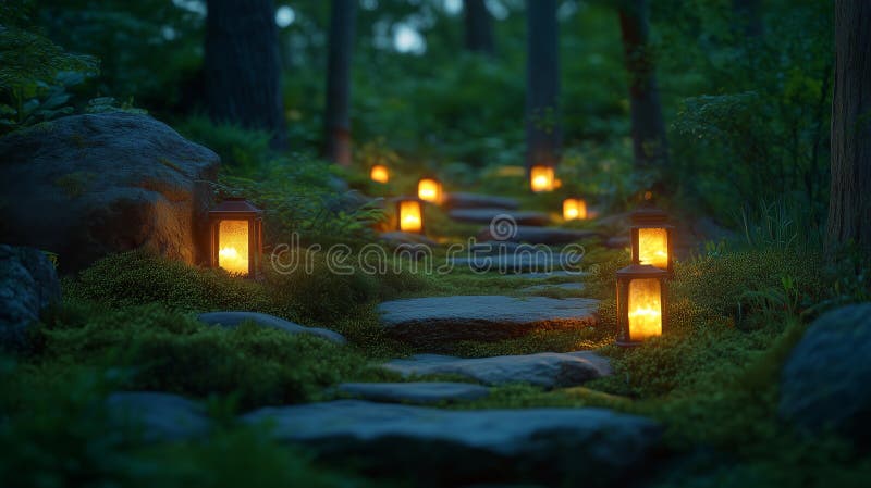Enchanting Fairy Forest Pathway with Glowing Moss and Lanterns royalty free stock image