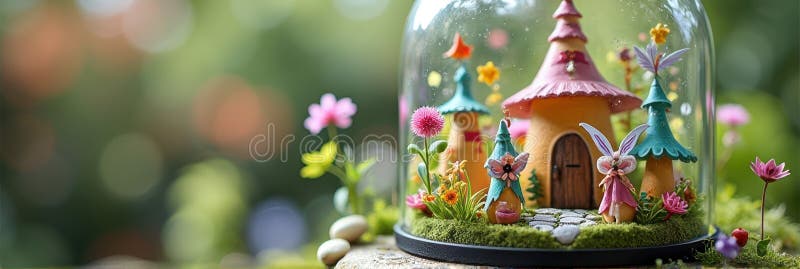Enchanting fairy garden scene with tiny houses and blooming flowers stock photos