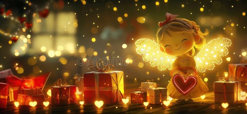 Enchanting fairy girl with glowing wings holding heart-shaped gift surrounded by festive presents and magical lights royalty free stock photos