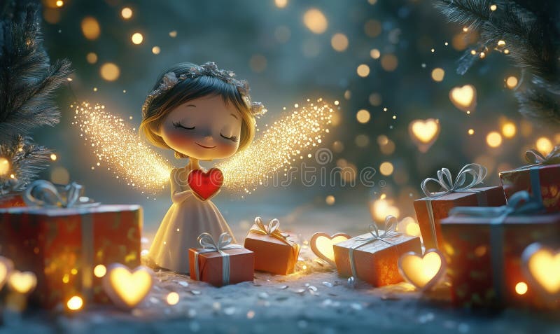 Enchanting fairy girl with sparkling wings holding heart surrounded by glowing gifts and festive atmosphere royalty free stock photos