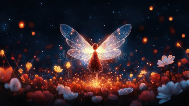 Enchanting fairy with glowing wings in a magical night garden stock image
