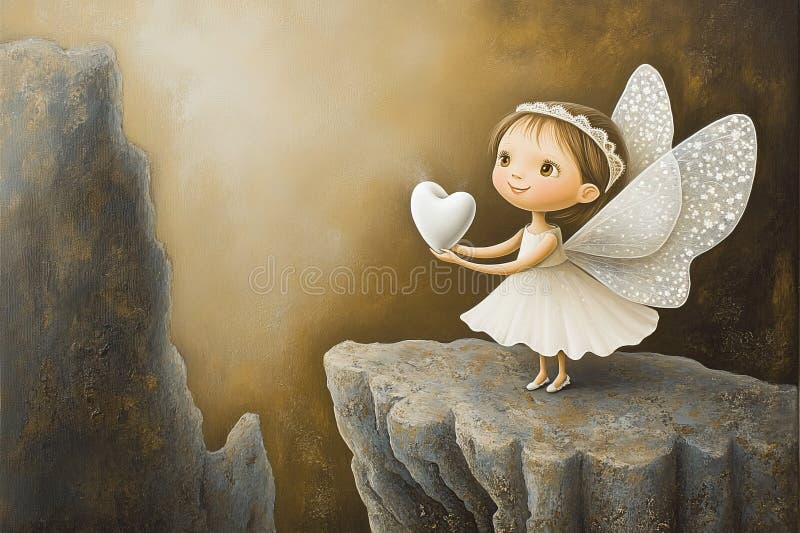 Enchanting fairy with heart-shaped tooth on cliff symbolizing care and hope in dentistry royalty free stock photo