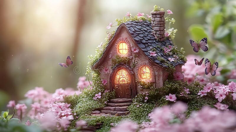 Enchanting fairy house nestled amongst vibrant pink flowers, bathed in warm sunlight royalty free stock photography