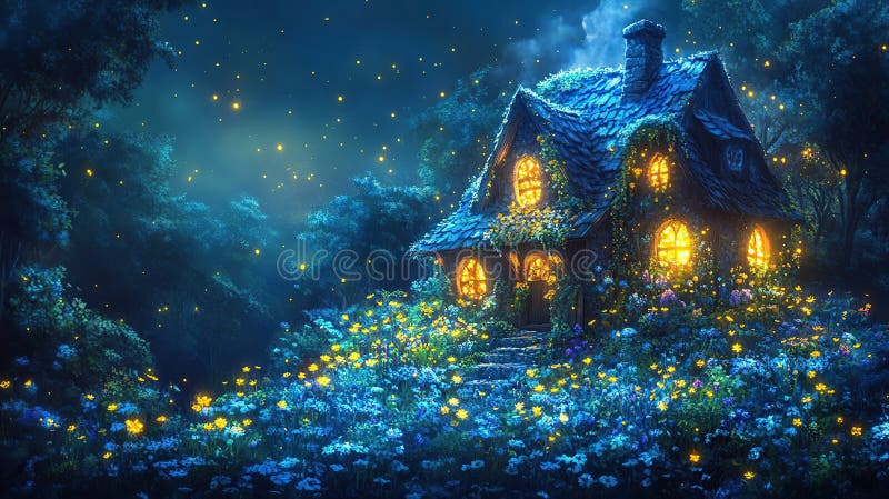 Enchanting fairy house nestled in a magical forest at night, bathed in the soft glow of fireflies royalty free stock photo