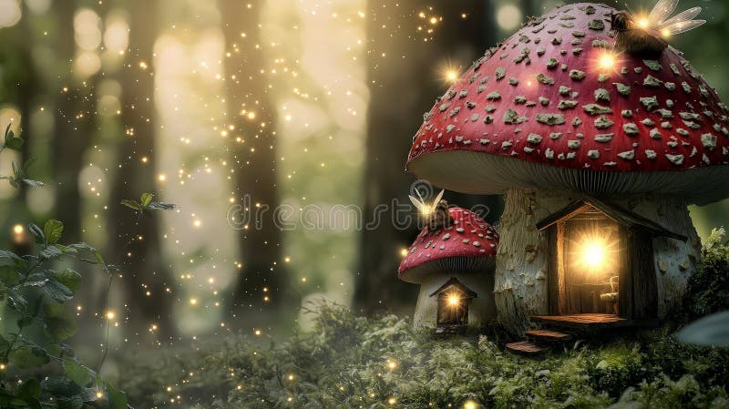 Enchanting fairy houses nestled amongst glowing mushrooms in a whimsical forest setting royalty free stock photography