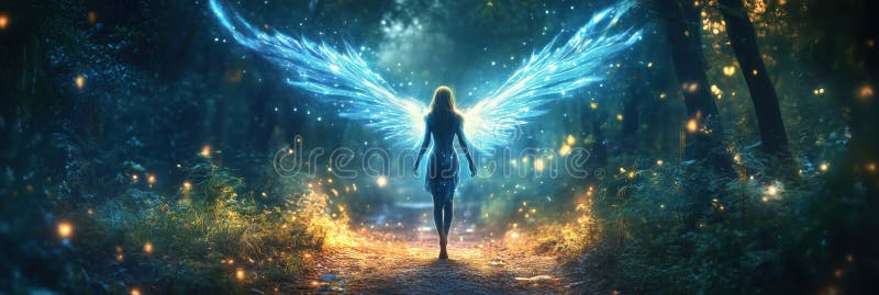 Enchanting fairy with luminous wings walking through mystical forest, surrounded by glowing orbs and ethereal light royalty free stock photos