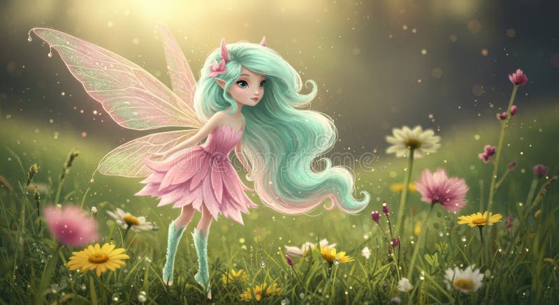 Enchanting fairy with pastel hair in a flowered meadow at sunrise royalty free stock photography