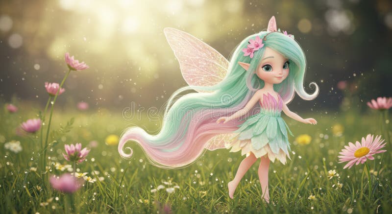 Enchanting fairy with pastel hair and wings in a sunny meadow of flowers stock image