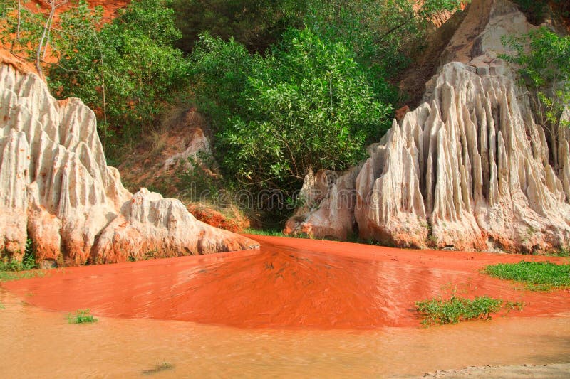 Enchanting Fairy Stream Amidst Towering Cliffs and Greenery. Natural Landscape. Mui Ne, Vietnam royalty free stock image